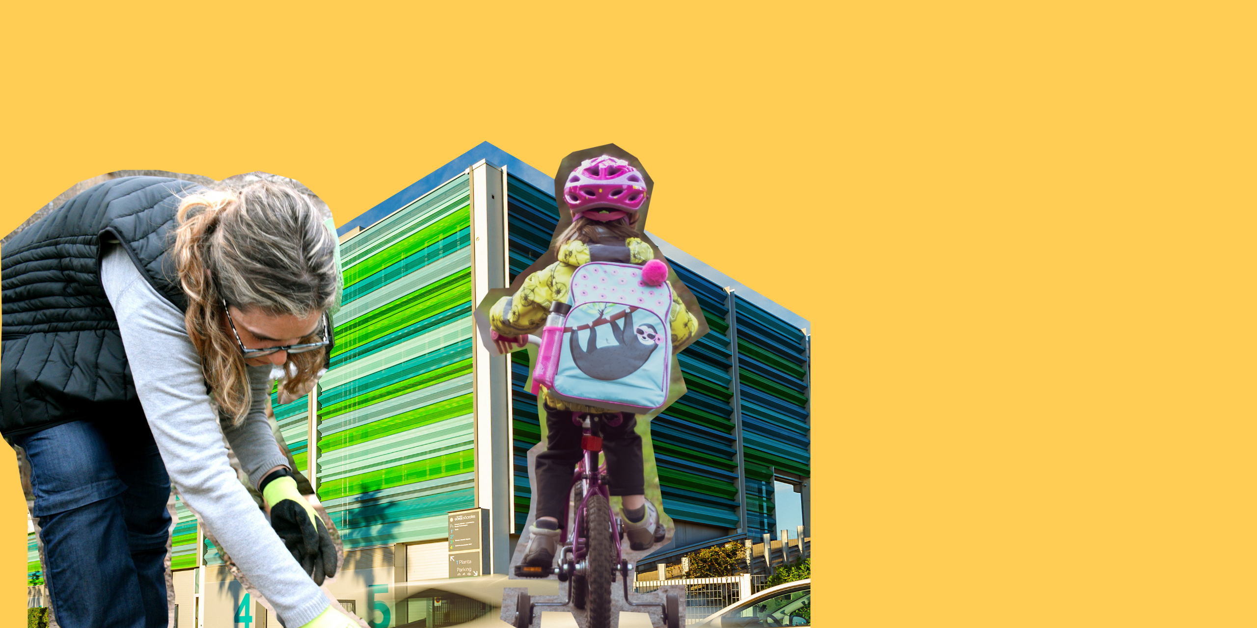 Un infant anant en bicicleta davant d'un edifici modern i una dona amb guants treballant la terra, sobre un fons groc.